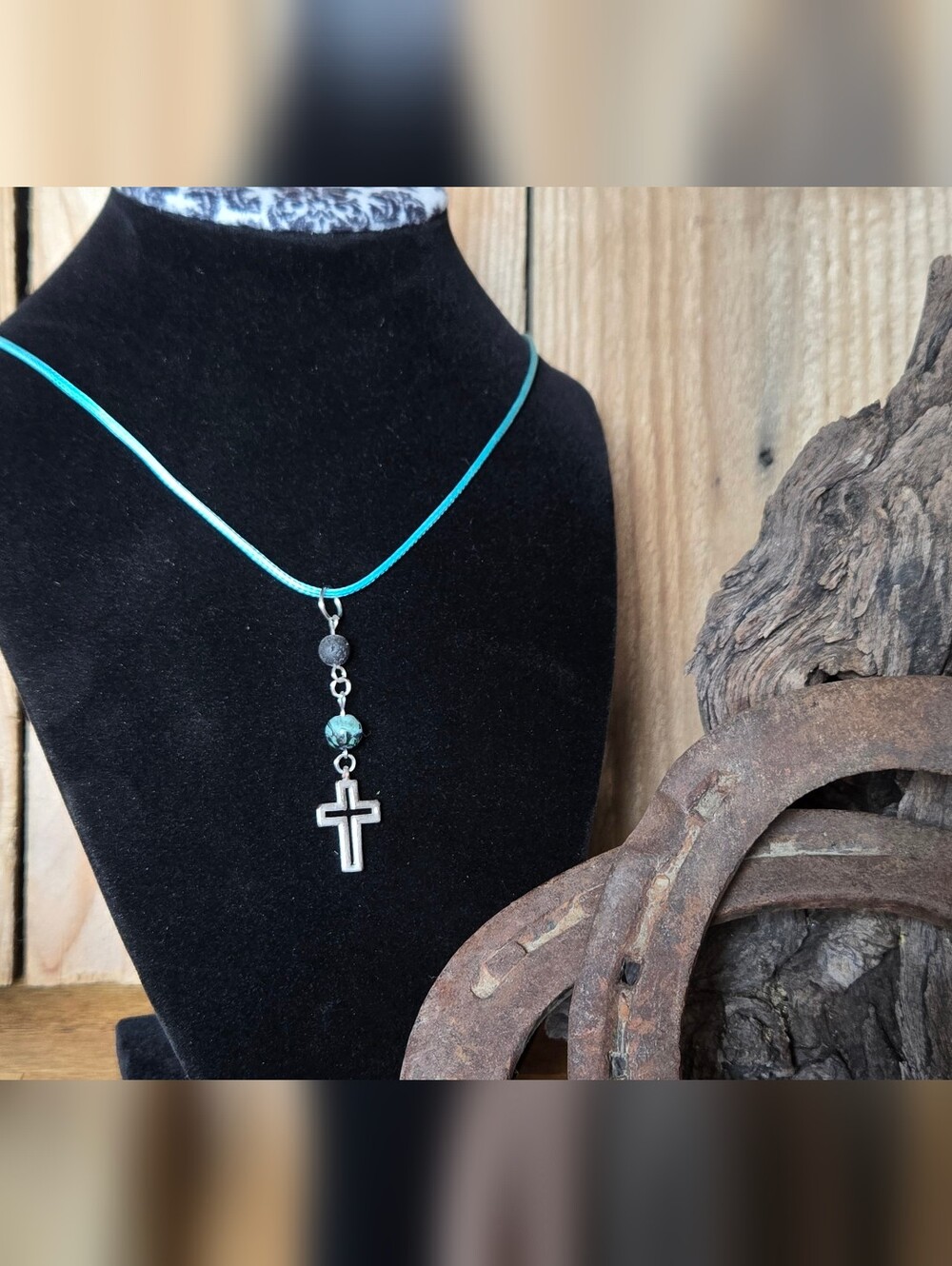 Silver Tone Cross Aromatherapy Necklace Lava Bead Christian Faith Jewelry 17"